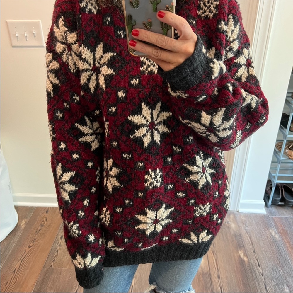 Vintage pure wool red snowflake print special handmade oversized grandpa sweater